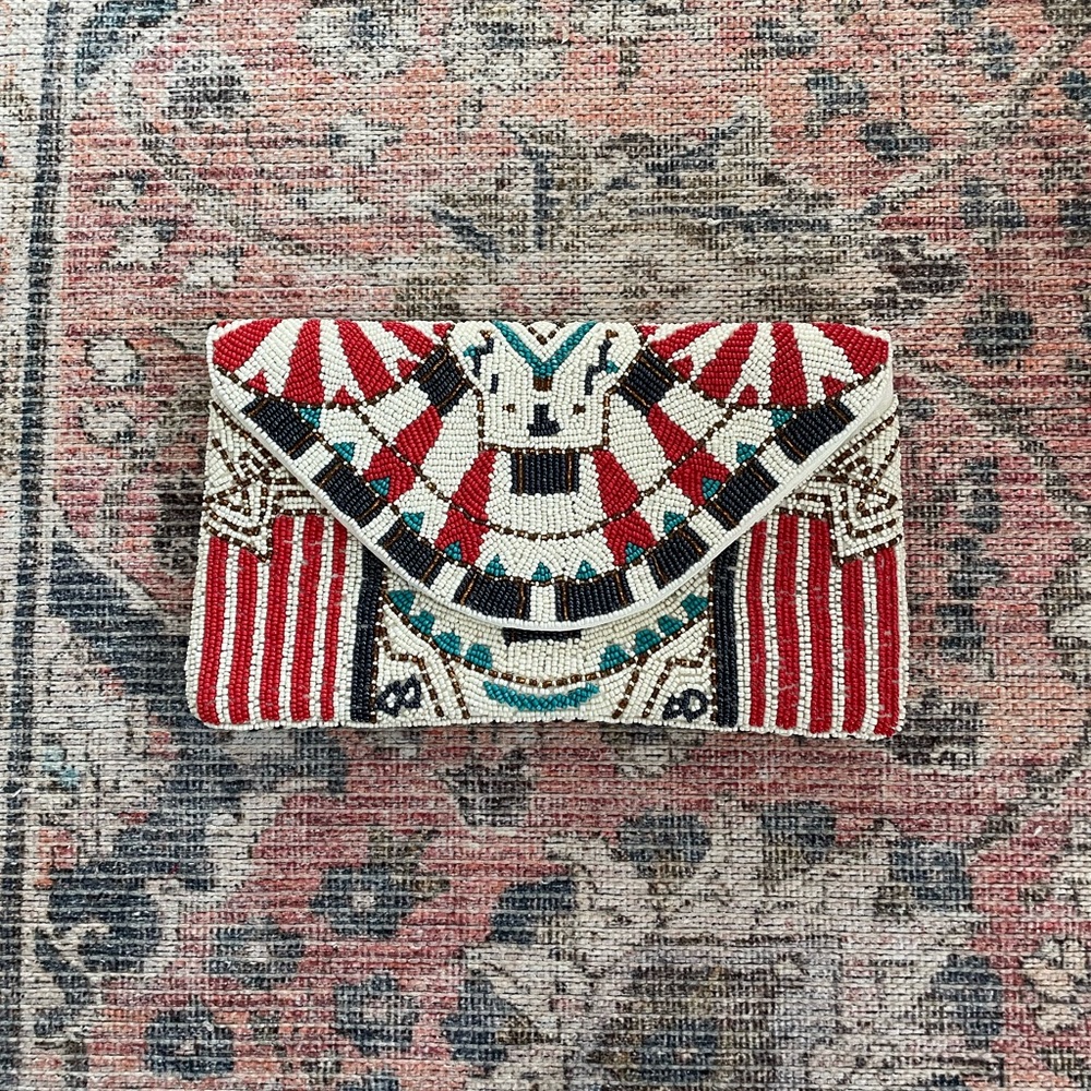 Beaded Boho/Tribal Print Clutch from Francesca’s with gold chain